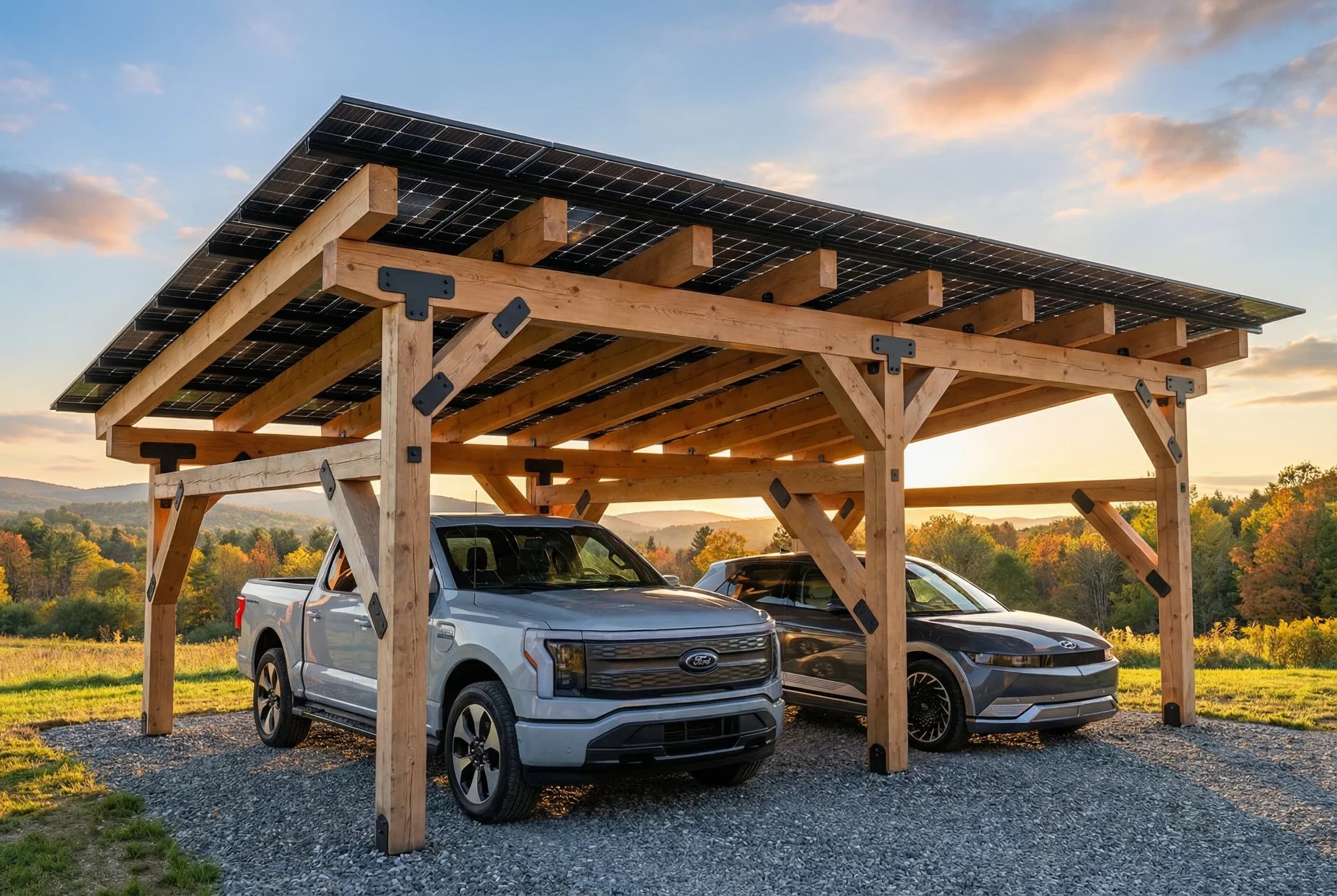 Residential solar carport structure in natural-finish timber