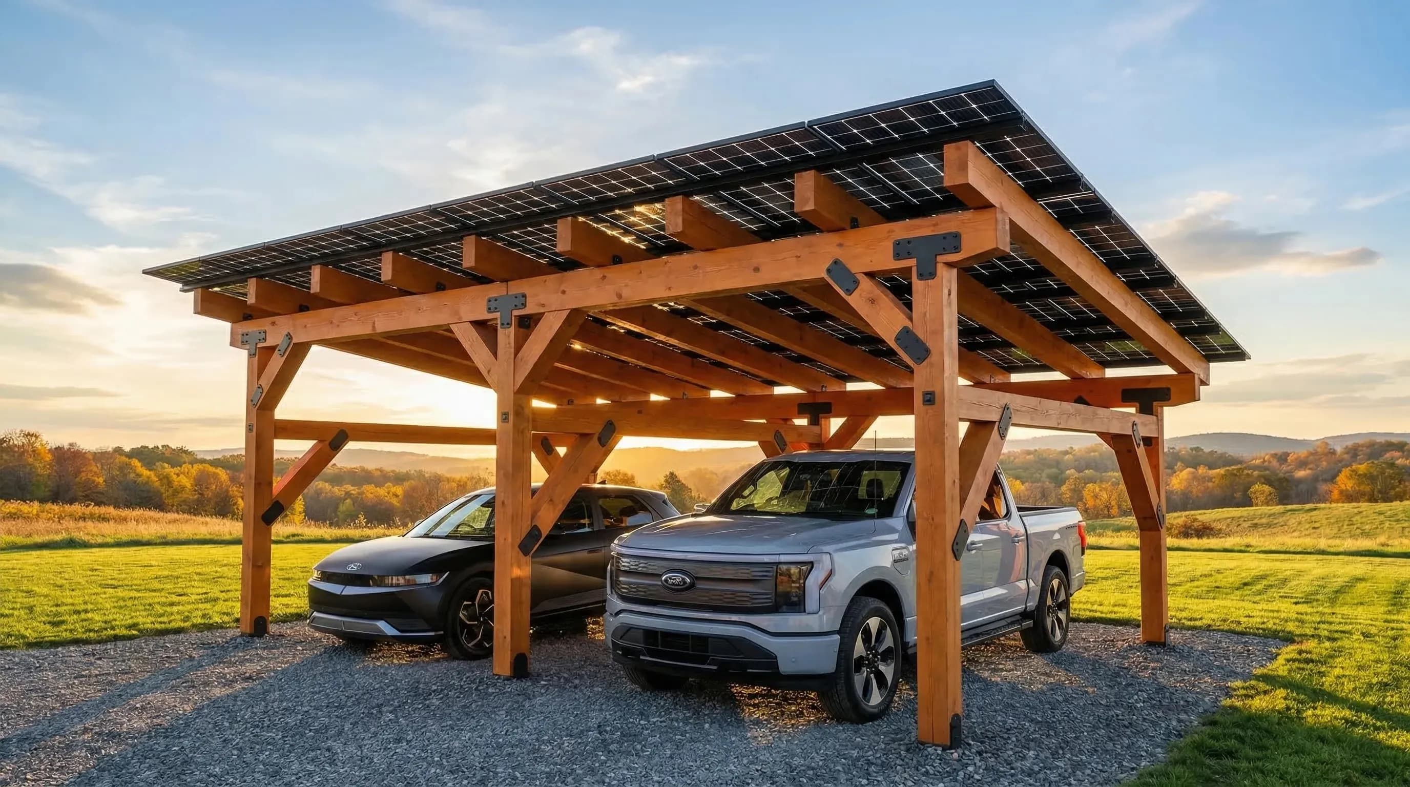 Two-bay timber-frame solar carport in lakeside cedar stain at sunset, sheltering an electric pickup and an SUV