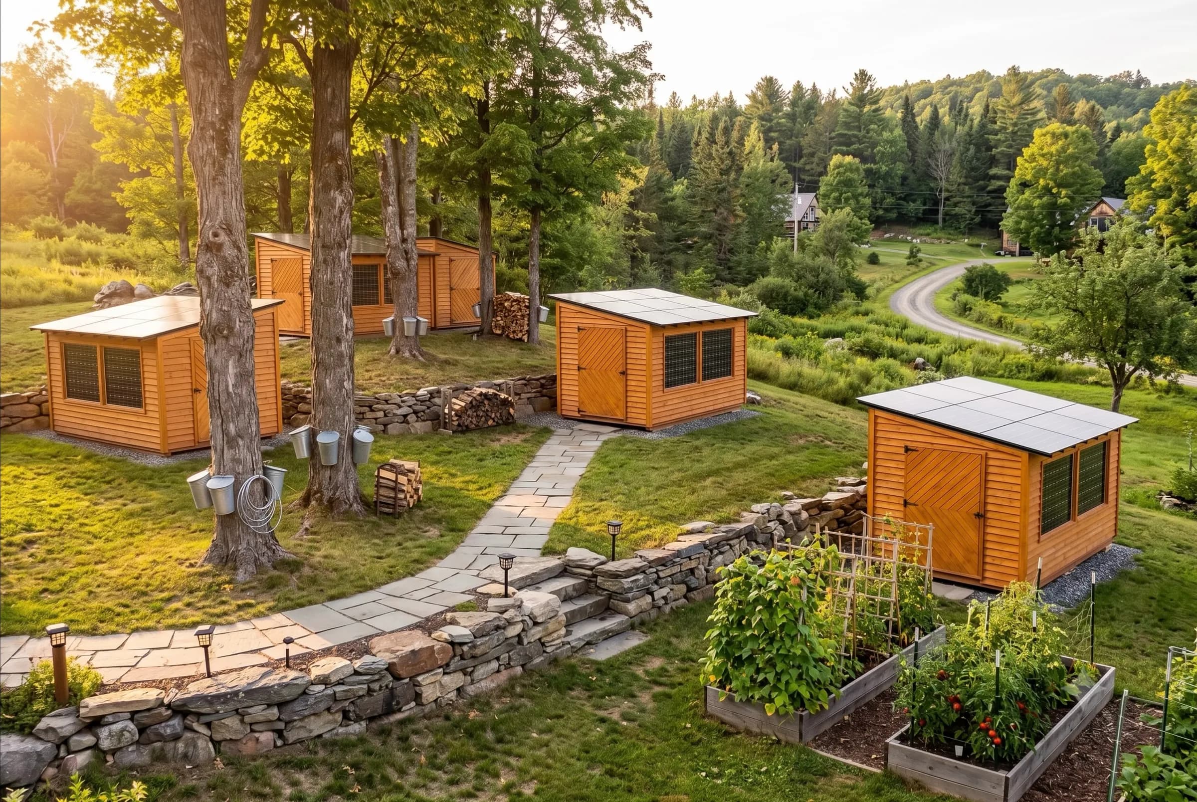 A grove of four Sunsheds sharing one backyard