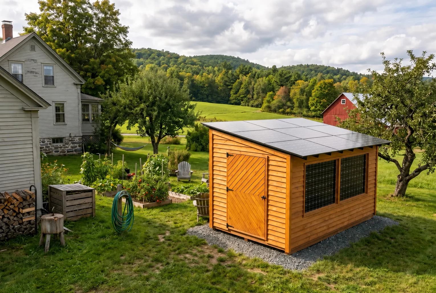 Sunshed with rooftop and window panels beside a Vermont farmhouse and garden
