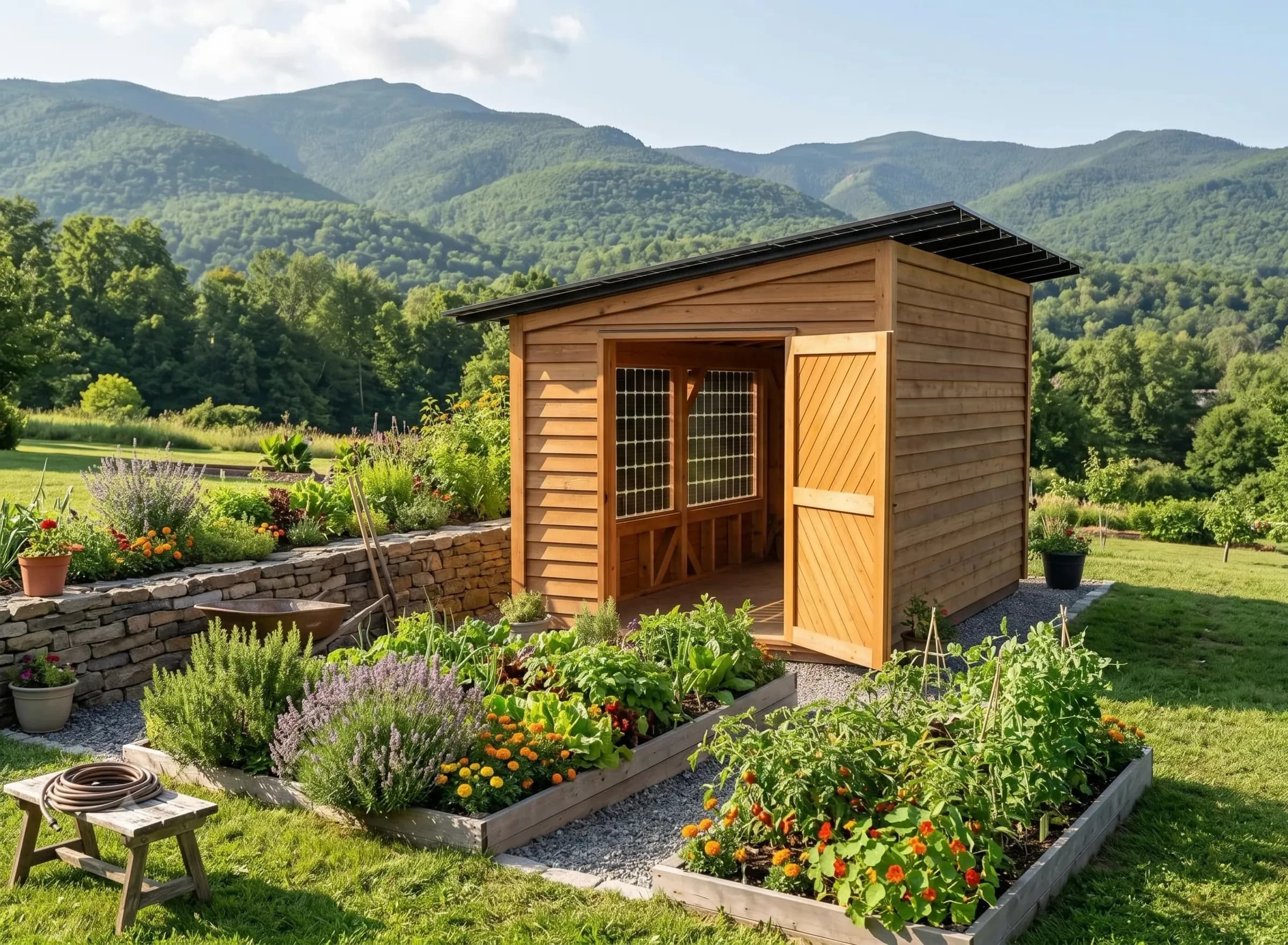 Sunshed solar garden shed with its doors open onto raised garden beds, green mountains behind